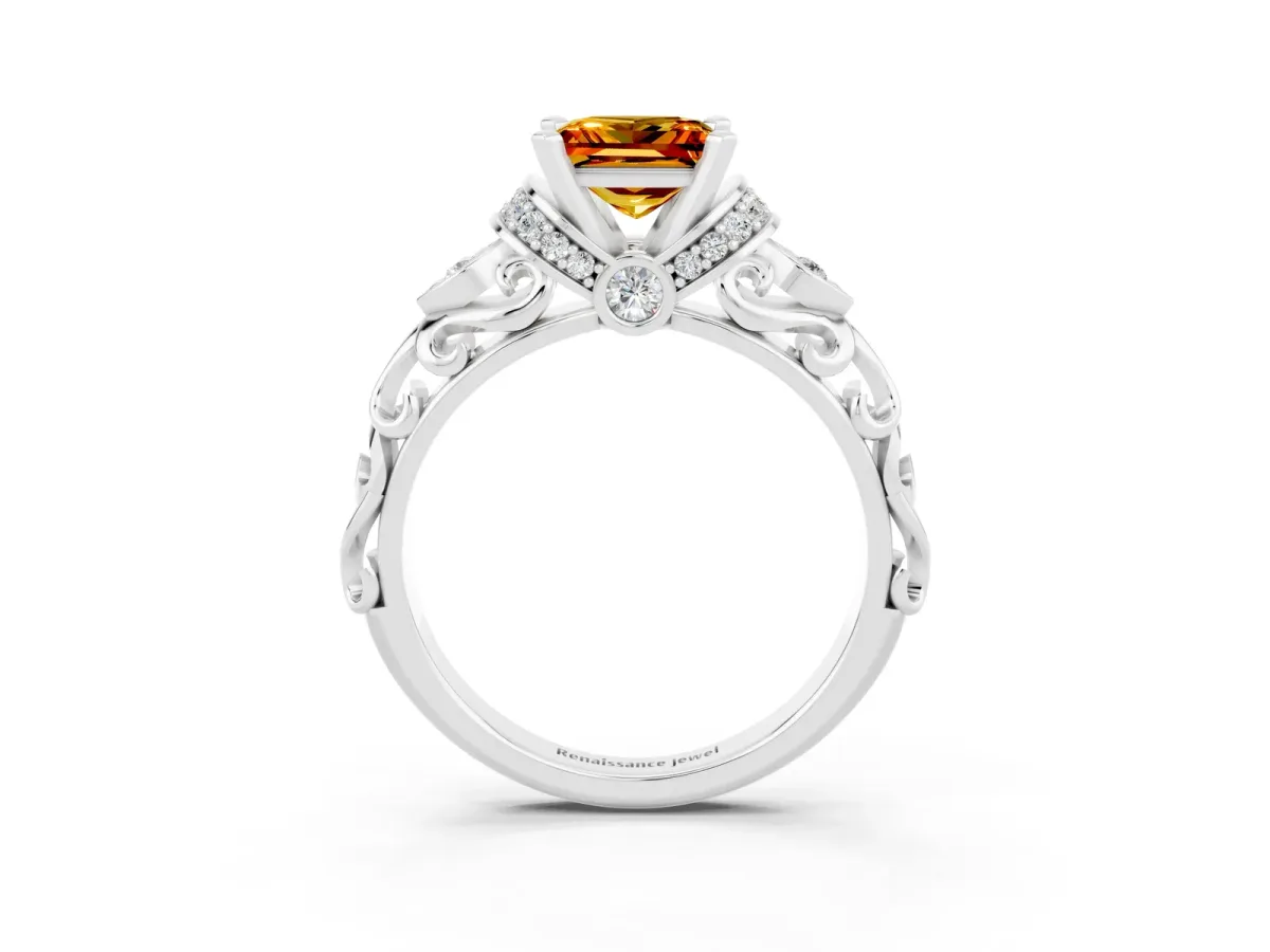 Princess Cut Citrine Solitaire Ring with Filigree Band and Four-Prong Setting Silver