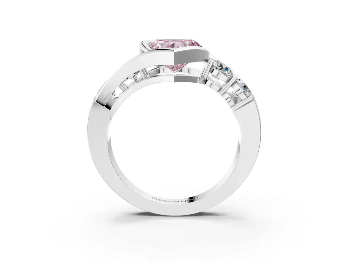Fancy Pink Bezel Set Heart Cut Diamond Bypass Ring with Round Accents Silver