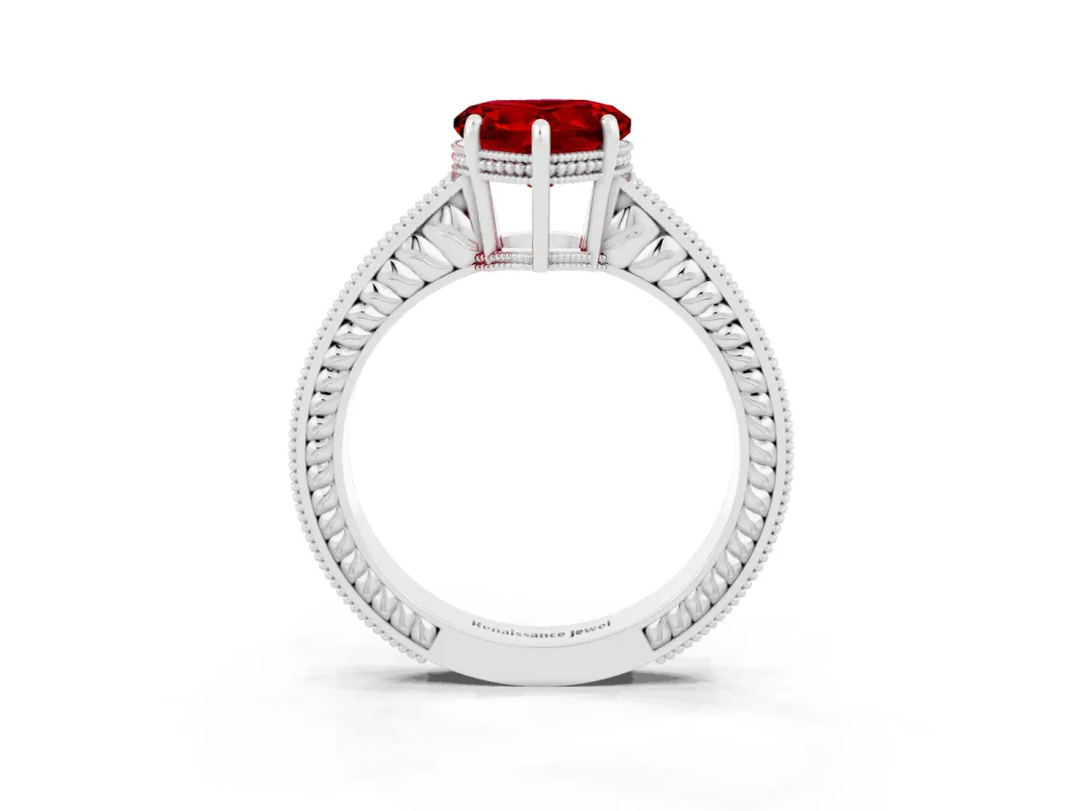 Heart Cut Ruby Ring with Milgrain Pavé Band and Four-Prong Setting Platinum