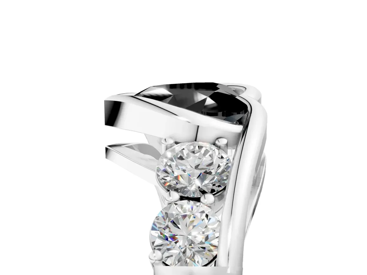 Fancy Black Bezel Set Heart Cut Diamond Bypass Ring with Round Accents Silver