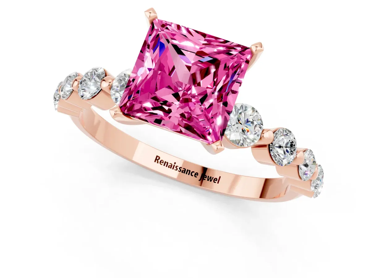 Princess Cut Solitaire Pink Sapphire Ring with Pave Band and Four-Prong Setting Rose gold