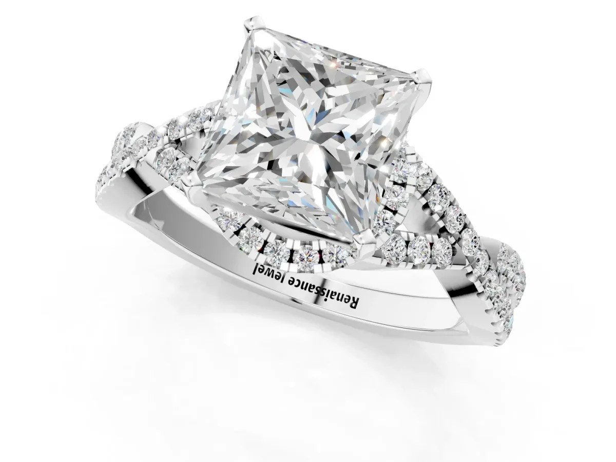 Princess Cut Diamond Moissanite Halo Twist Band Solitaire Prong Setting Ring White gold