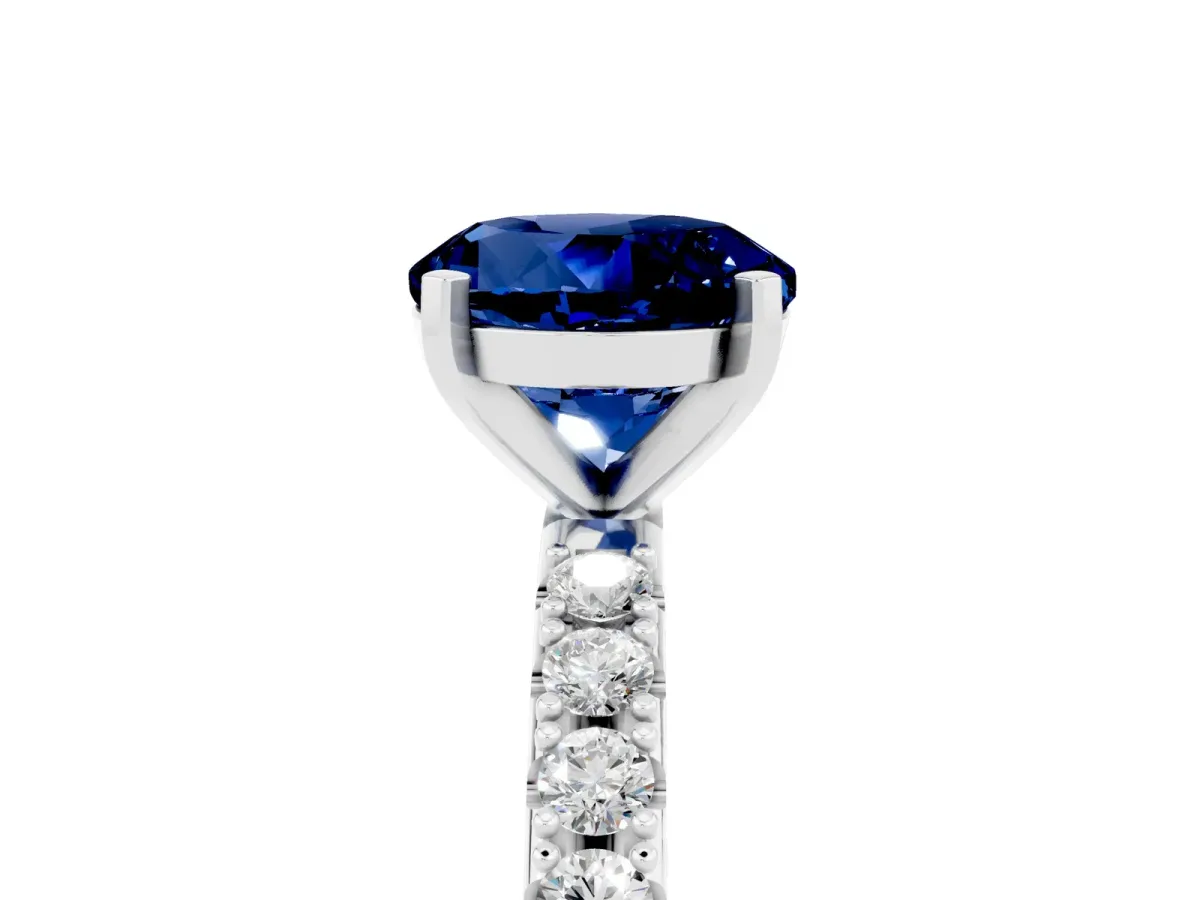 Round Cut Blue Sapphire Solitaire Pavé Band with Four-Prong Setting Silver