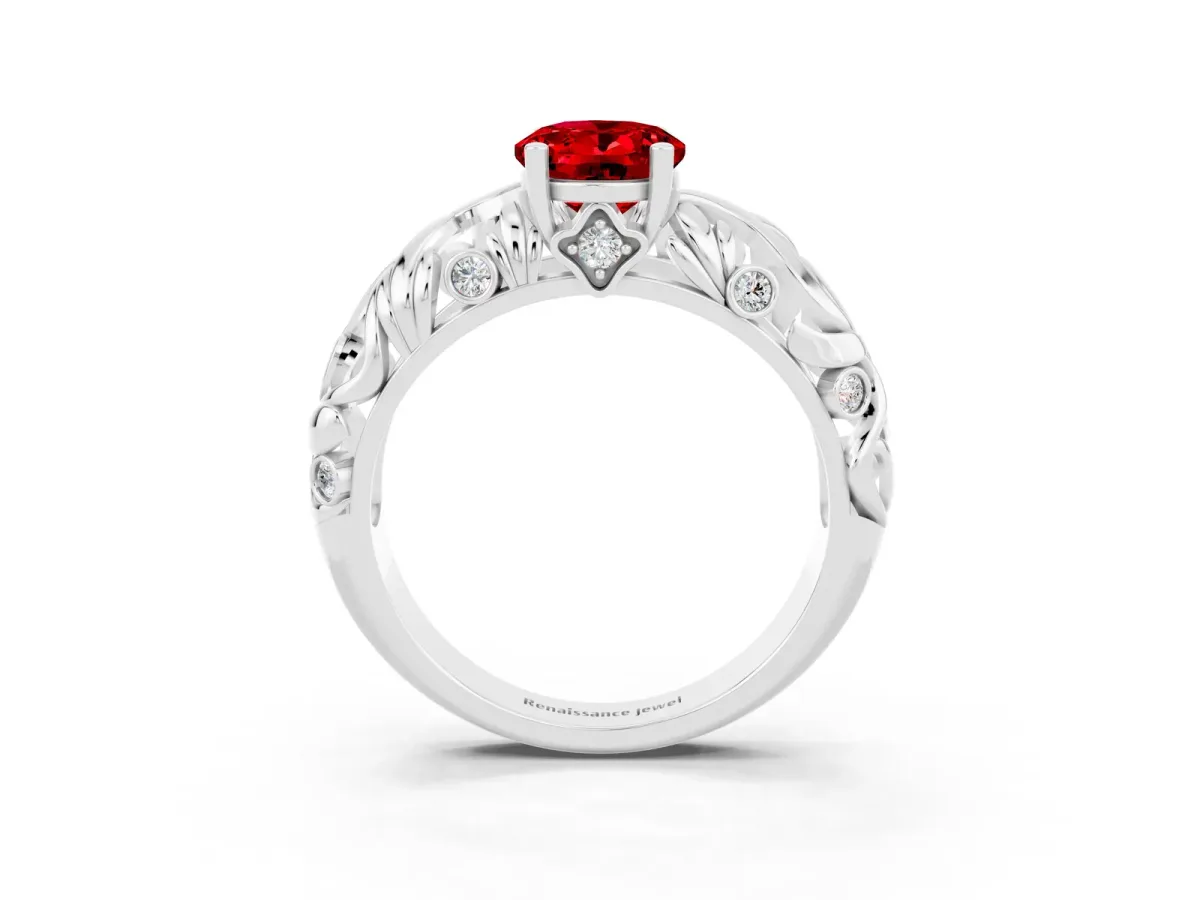Oval Cut Solitaire Ruby Leaf-Inspired Vine Band Ring with Prong Setting White gold
