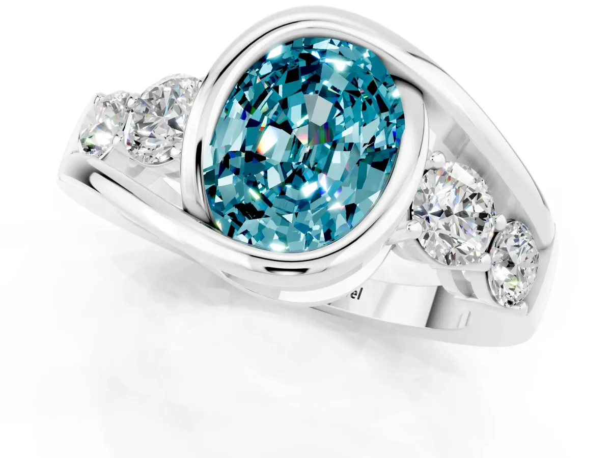 Bezel Set Oval Cut Blue Topaz Bypass Ring with Round Accents Platinum