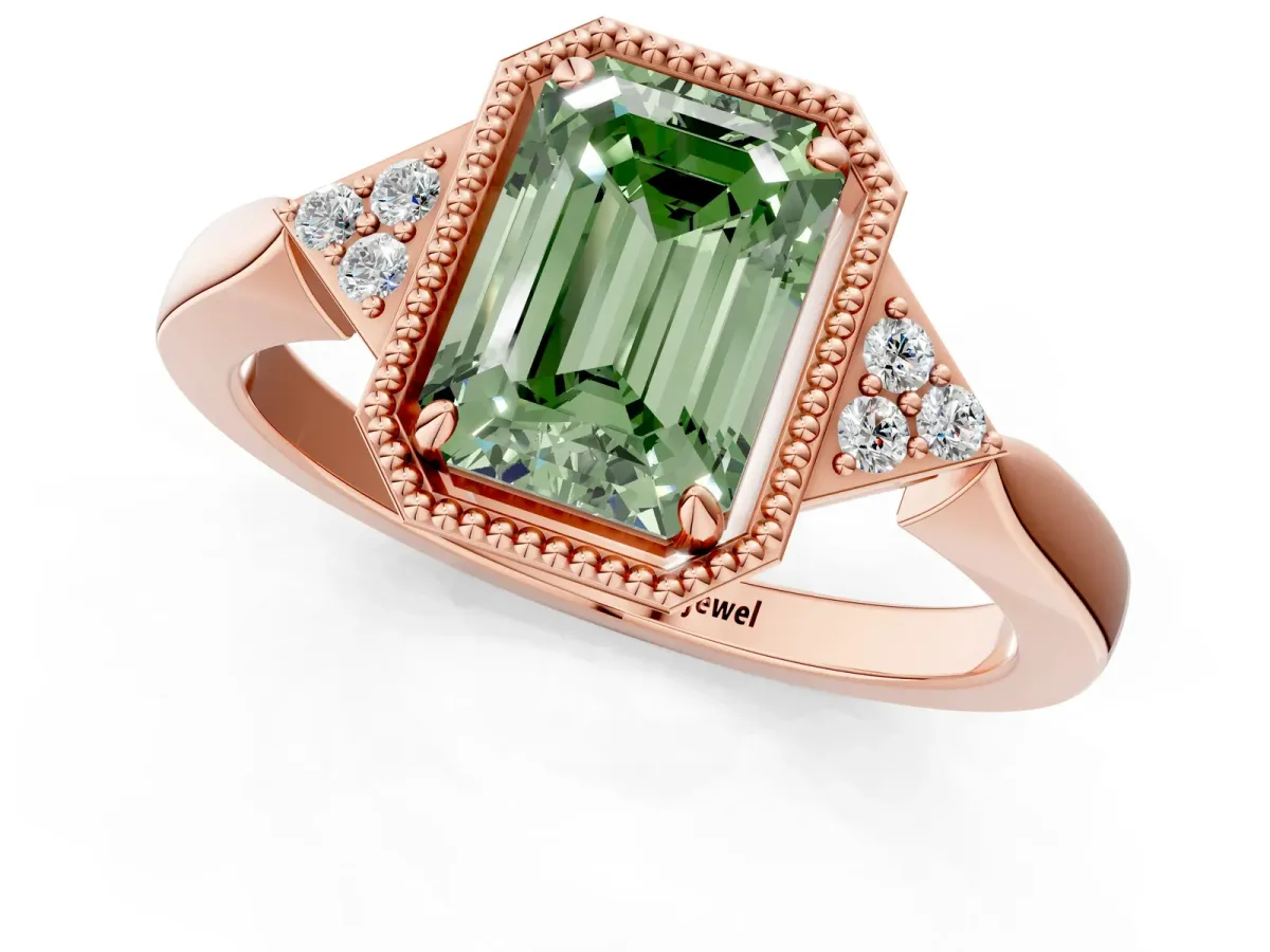 Fancy Green Emerald Cut Diamond Halo Ring with Tapered Band and Four-Prong Setting Rose gold
