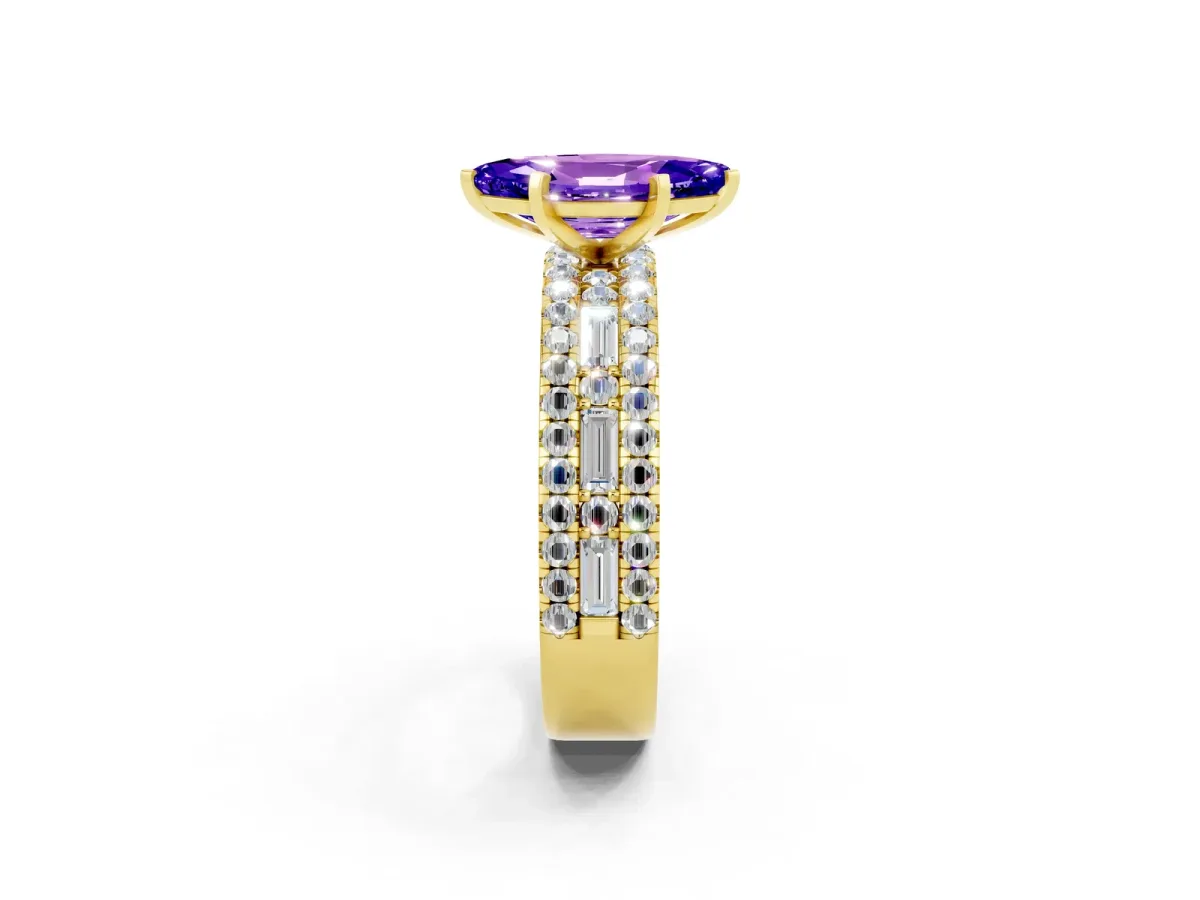 Marquise Cut Tanzanite Solitaire Ring with Pavé and Channel Set Band Yellow gold