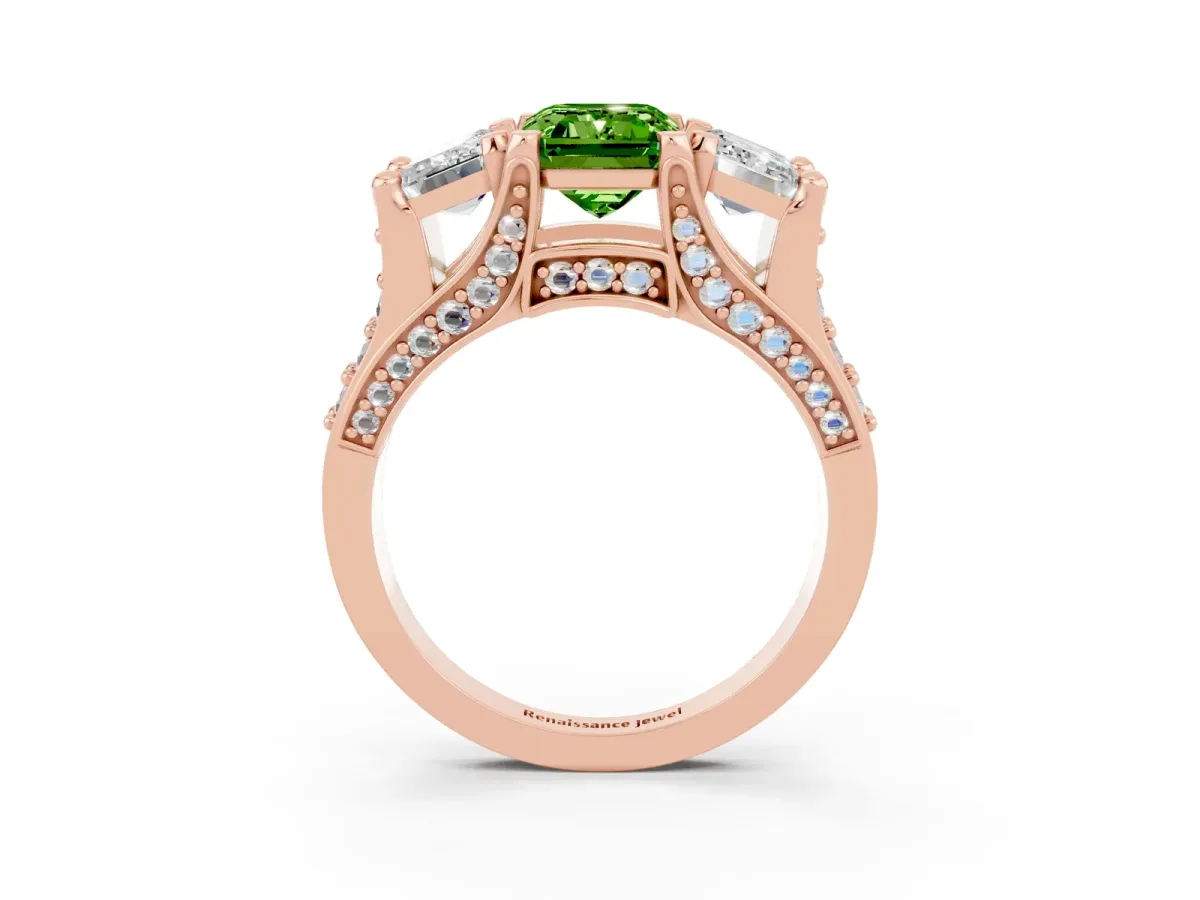 Emerald Cut Peridot Three-Stone Ring with Channel Set Band and Four-Prong Setting Rose gold