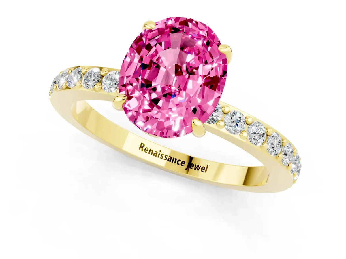 Oval Cut Pink Sapphire Solitaire Engagement Ring with Pavé Band and Four-Prong Setting Yellow gold