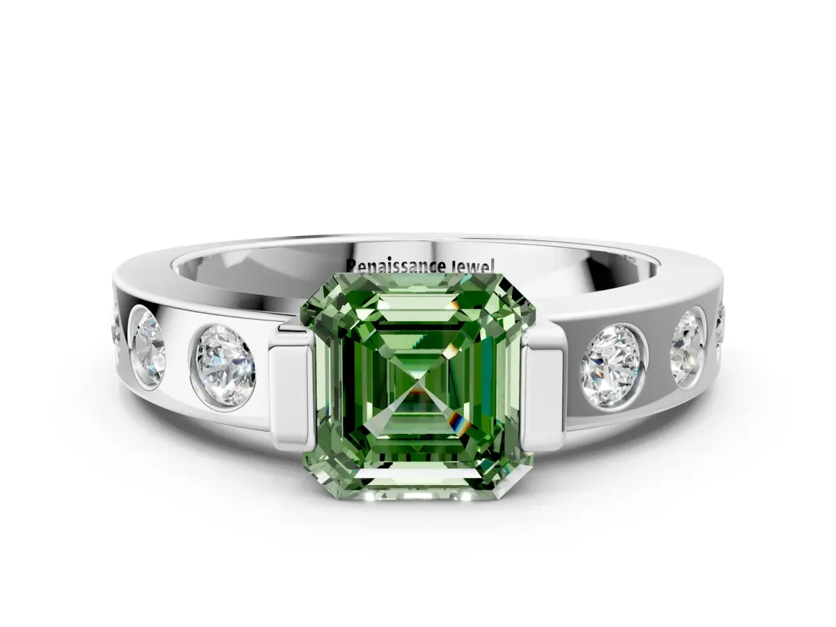 Fancy Green Asscher Cut Brilliant Channel-Set Diamond Ring with Bezel Prong Setting Platinum