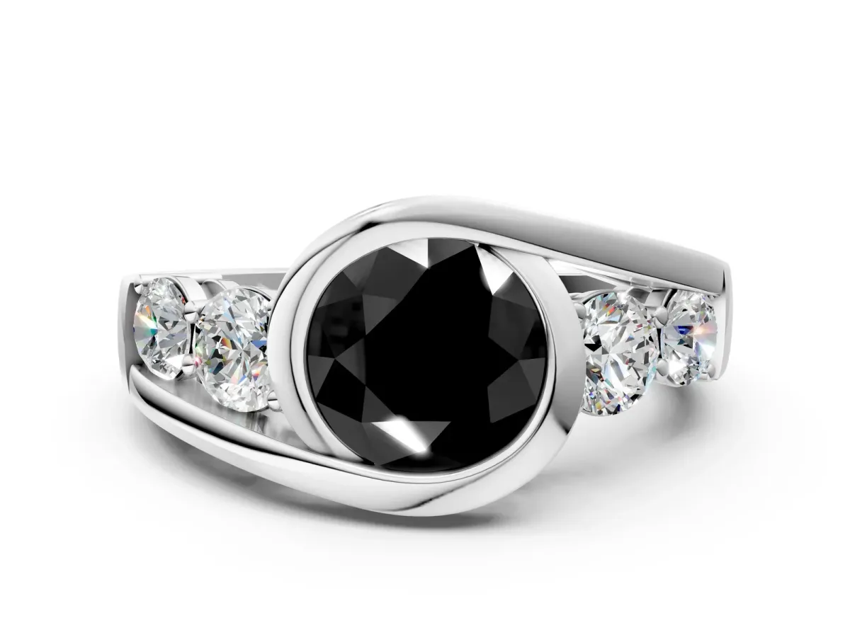 Fancy Black Bezel Set Round Cut Diamond Bypass Ring with Round Accents Silver