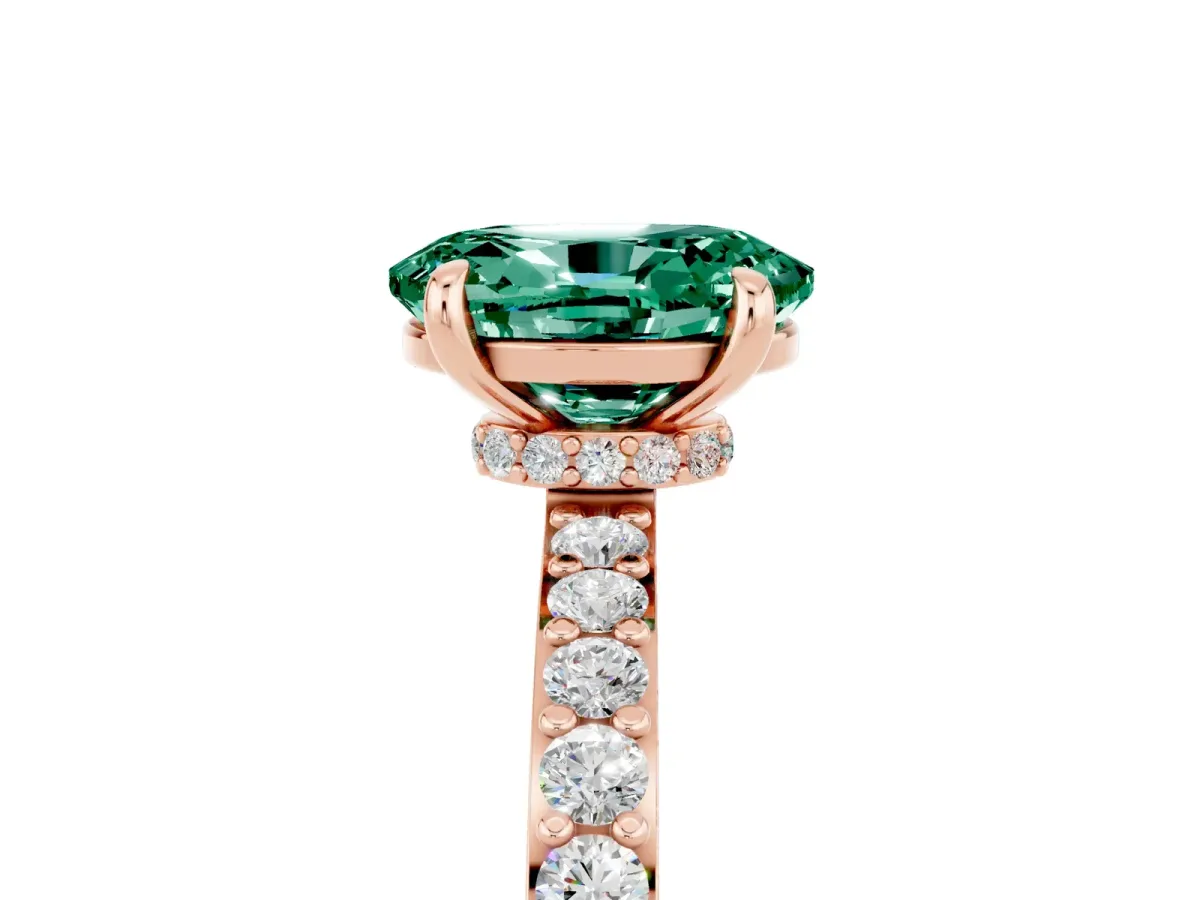 Oval Cut Green Sapphire Solitaire Engagement Ring with Pavé Band and Four-Prong Setting Rose gold