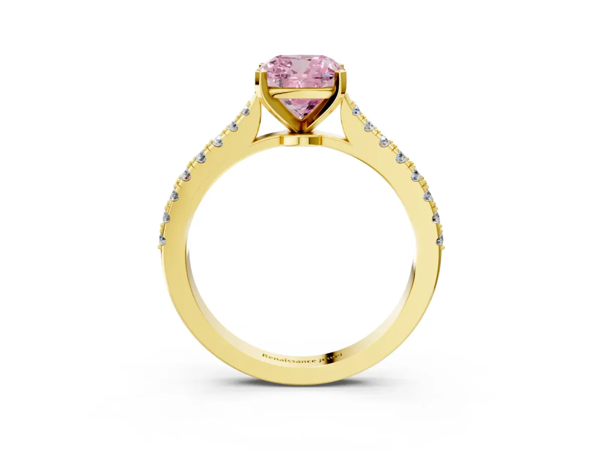 Fancy Pink Cushion Cut Cut Solitaire Diamond Engagement Ring with Pave Band and Four-Prong Setting Yellow gold