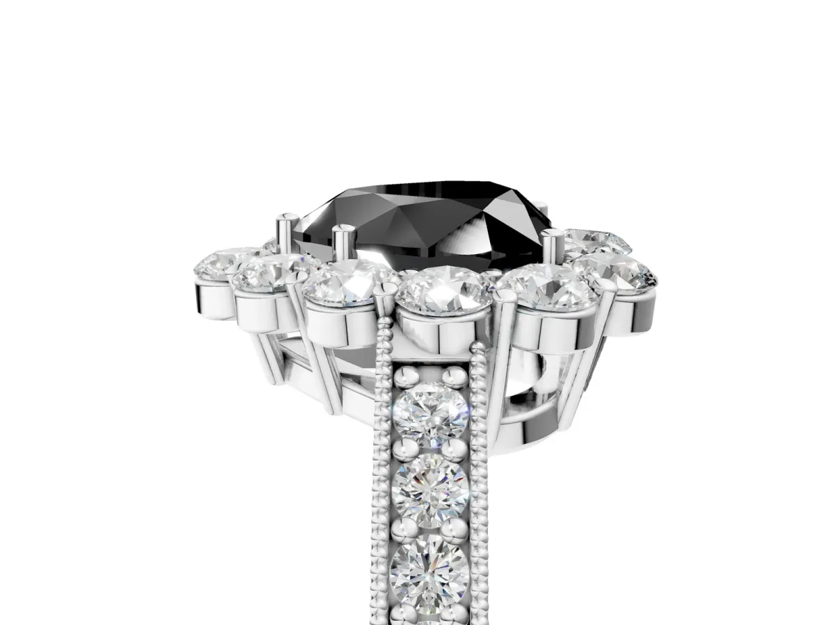 Fancy Black Heart Cut Cut Halo Diamond Pavé Engagement Ring with Milgrain Detailing Platinum