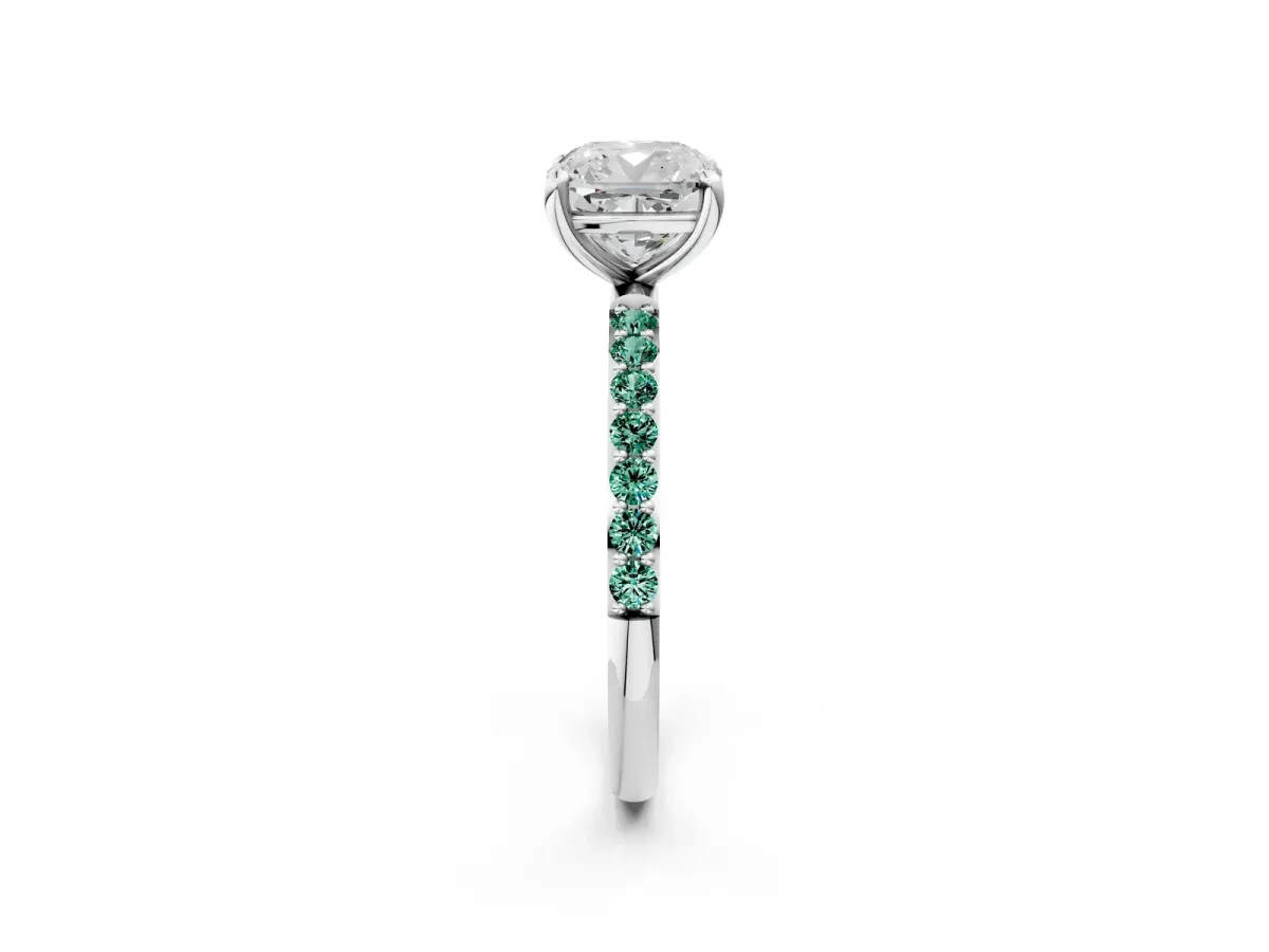 Cushion Cut Diamond Solitaire Ring with Round Green Sapphire Pavé Band and Prong Setting White gold