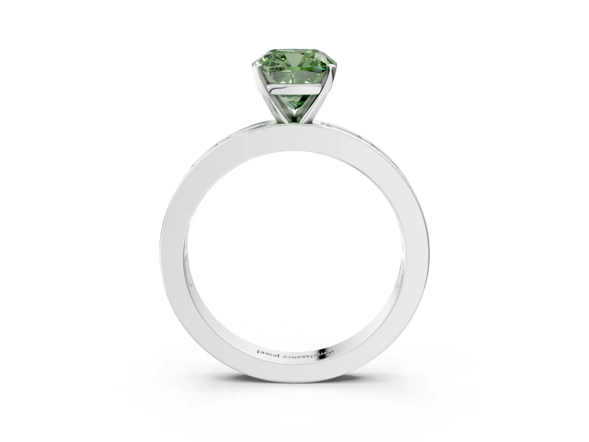 Fancy Green Cushion Cut Solitaire Diamond Ring with Channel-Set Baguette Band and Four-Prong Setting White gold