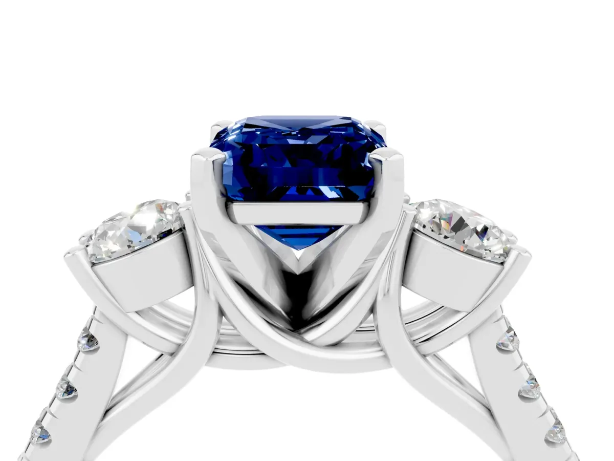 Three-Stone Emerald Cut Blue Sapphire Pavé Band with Four-Prong Setting Silver