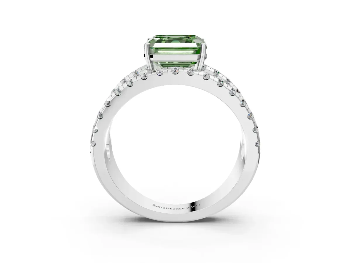 Fancy Green Asscher Cut Solitaire Split Shank Pave Diamond Ring Platinum