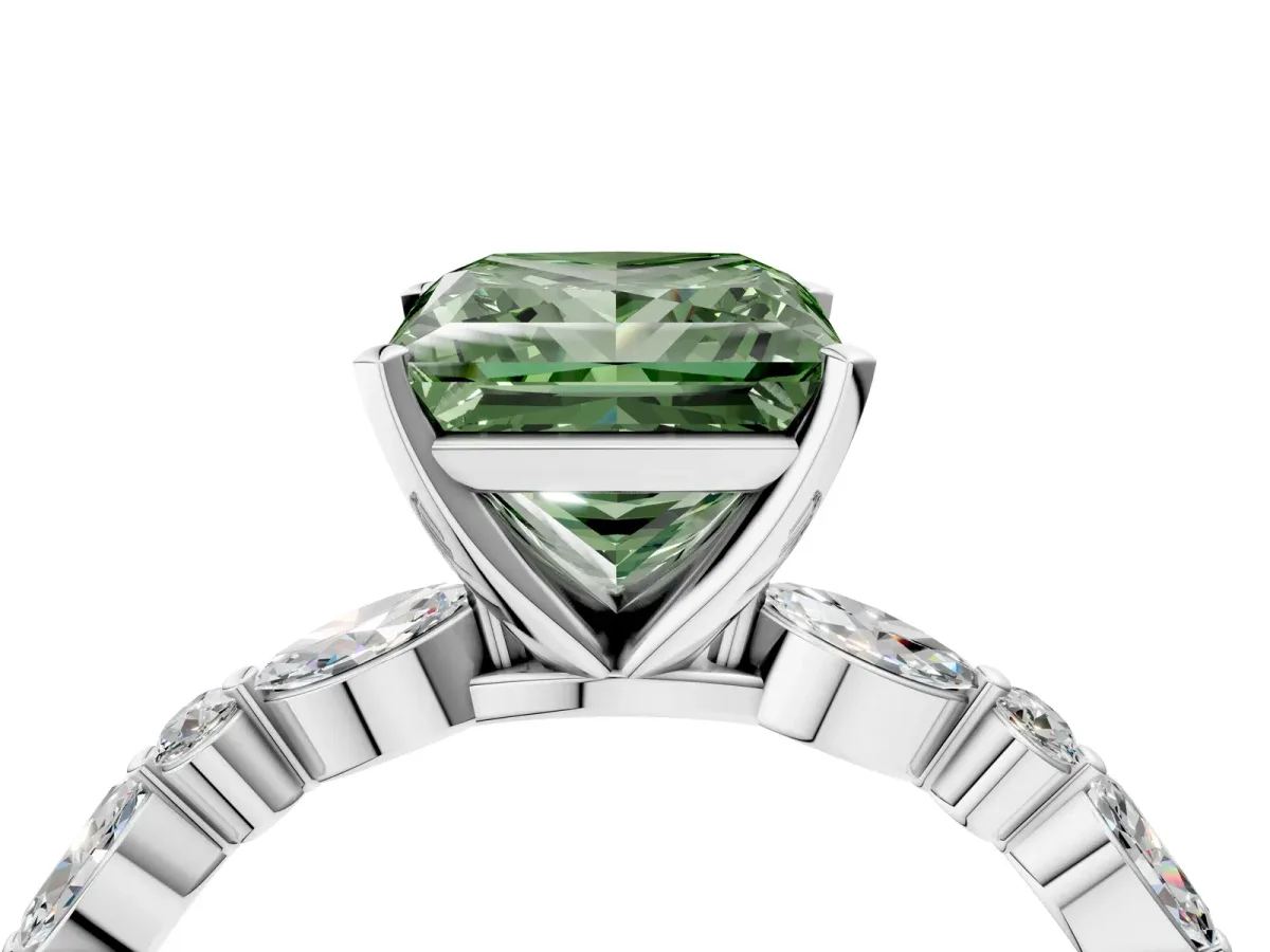 Fancy Green Princess Cut Diamond Ring with Marquise and Round Side Stones and Four-Prong Setting White gold
