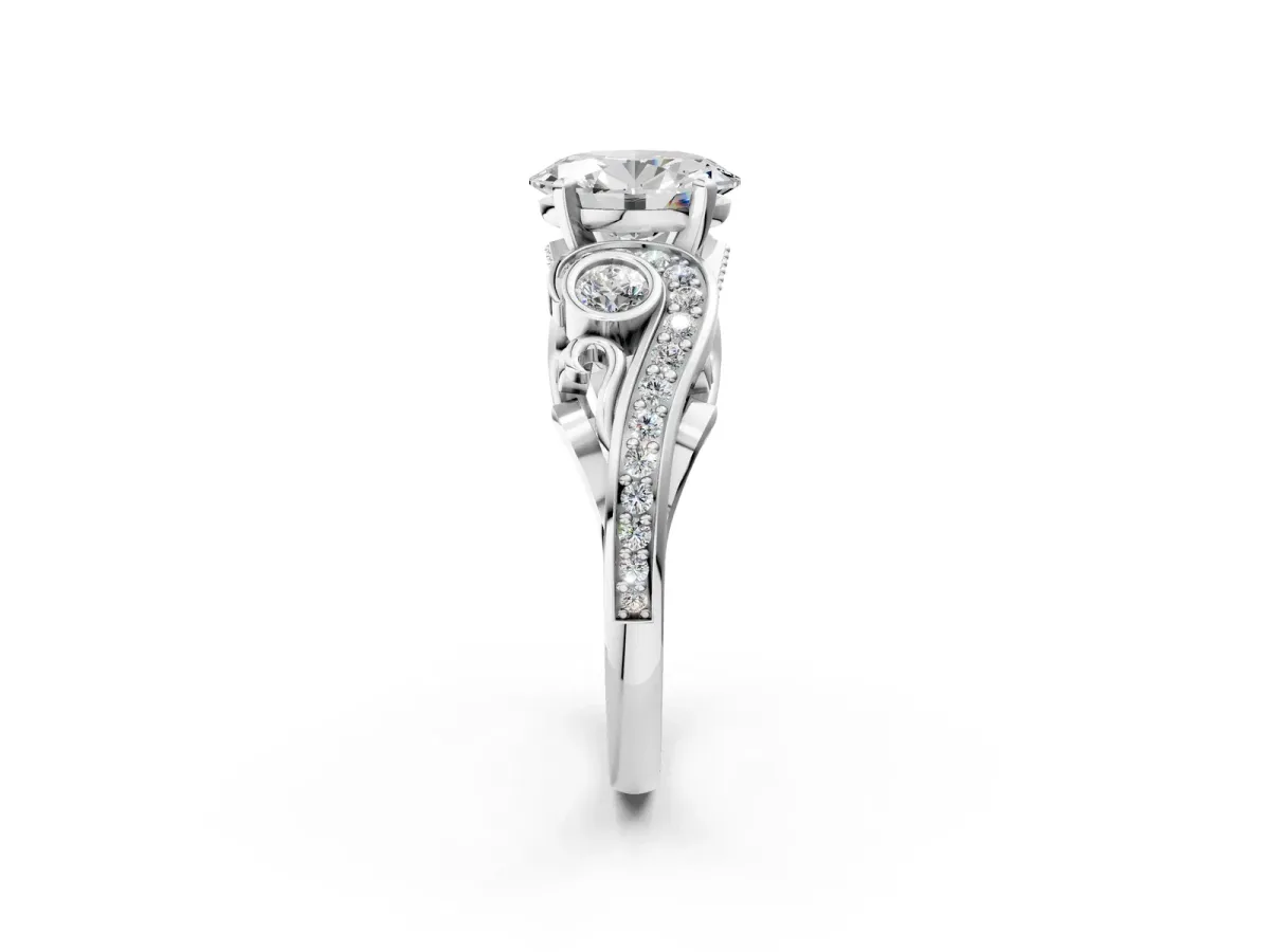 Oval Cut Diamond Solitaire Ring with Milgrain Pavé Band and Four-Prong Setting Platinum