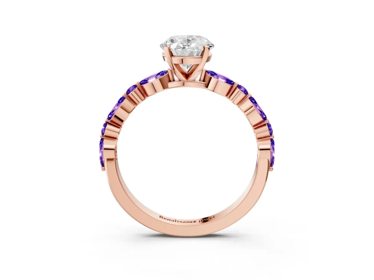 Oval Cut Diamond Ring with Marquise and Round Tanzanite Side Stones and Four-Prong Setting Rose gold