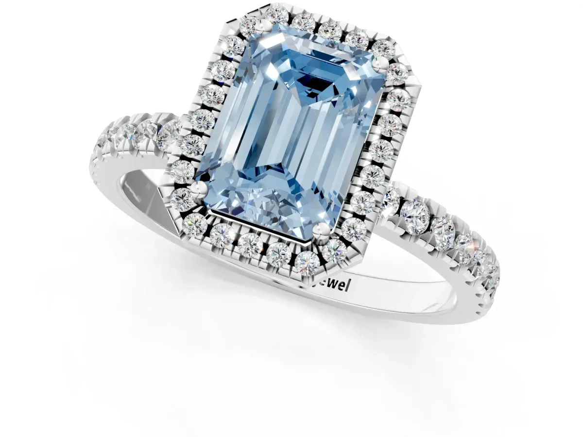 Fancy Blue Emerald Cut Diamond Classic Halo Engagement Ring with Round Pavé Band and Prong Setting White gold