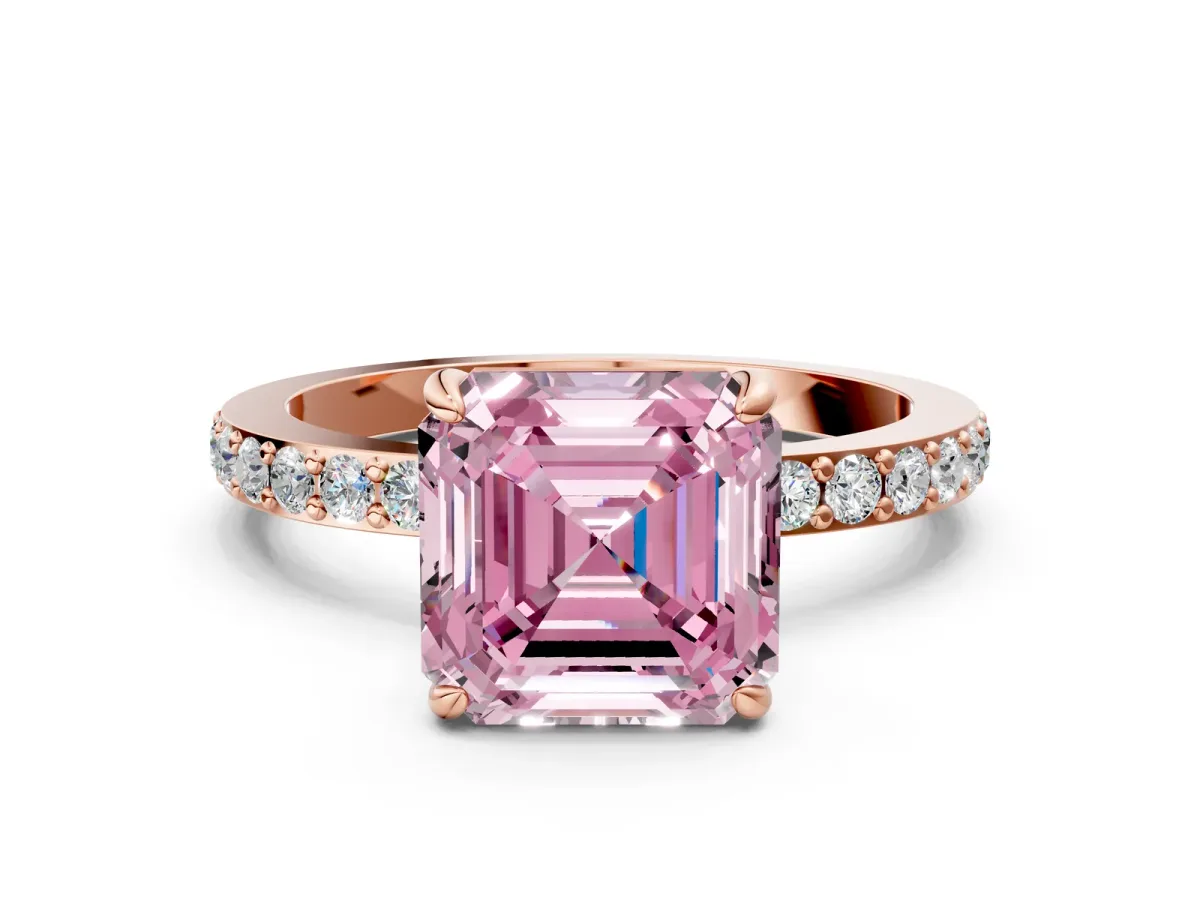 Fancy Pink Asscher Cut Diamond Solitaire Engagement Ring with Pavé Band and Four-Prong Setting Rose gold