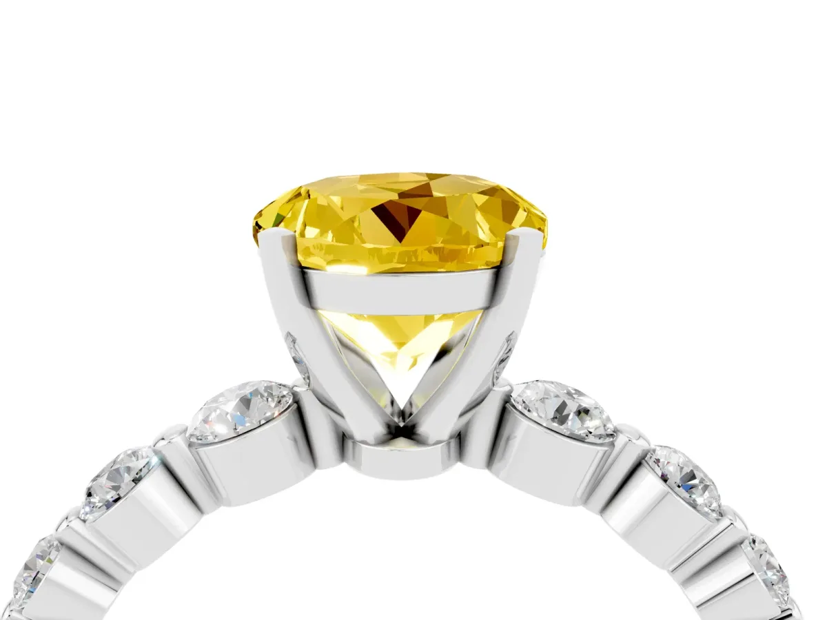 Round Cut Solitaire Yellow Sapphire Ring with Pave Band and Four-Prong Setting Silver