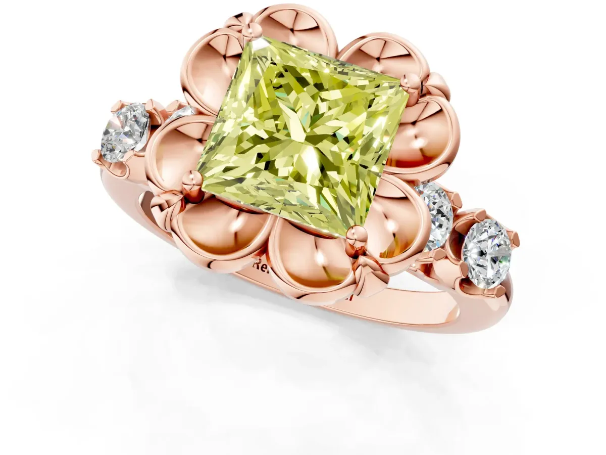 Fancy Yellow Princess Cut Cut Diamond Floral Halo Engagement Ring with Shared Prong Setting Rose gold