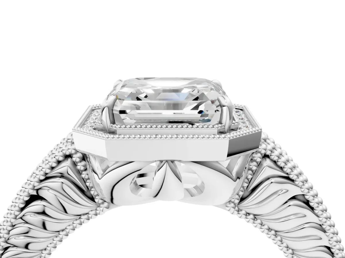 Asscher Cut Cut Halo Diamond Ring with Pavé Band and Four-Prong Setting Platinum