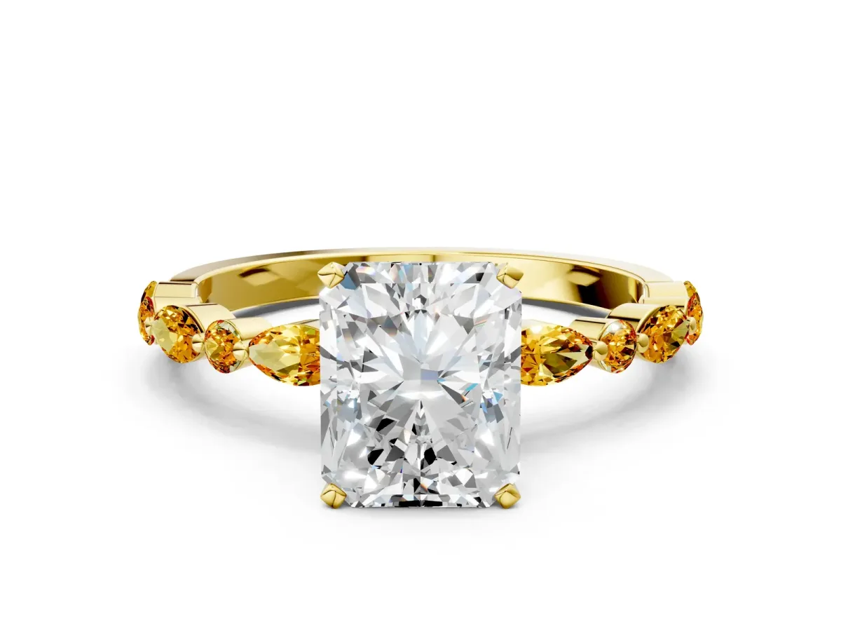 Radiant Cut Diamond Ring with Marquise and Round Citrine Side Stones and Four-Prong Setting Yellow gold