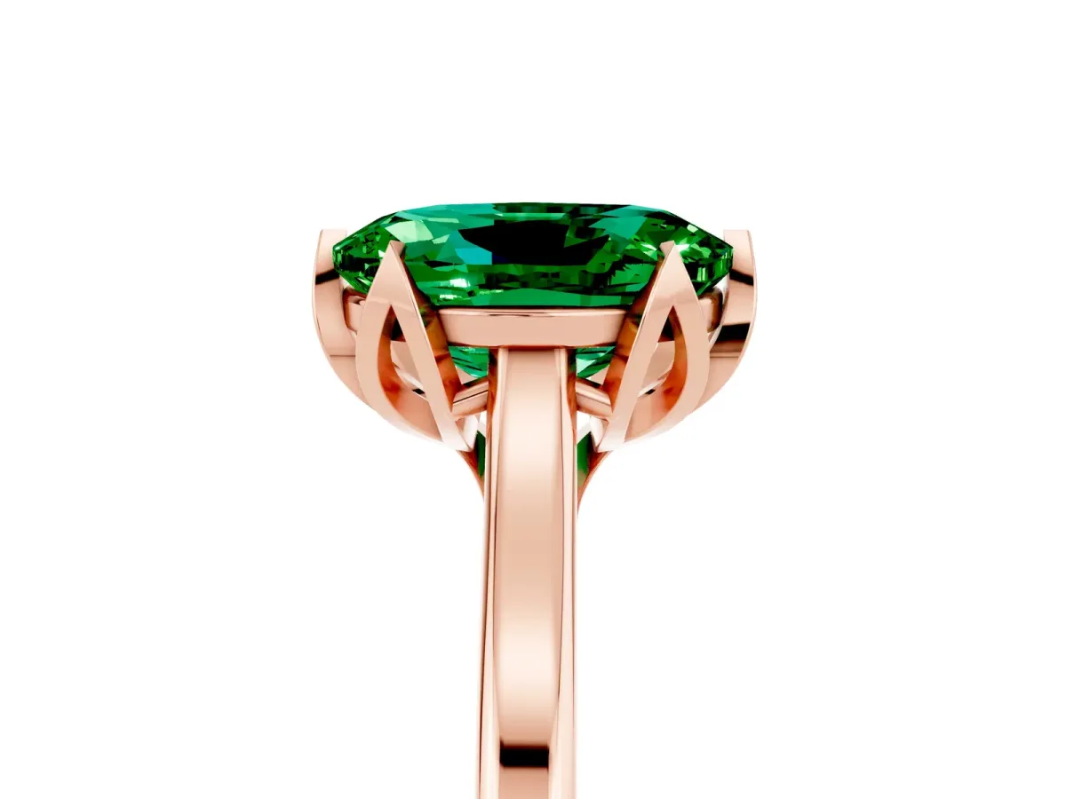 Oval Cut Emerald Solitaire Ring with Flower Prong Setting and Classic Band Rose gold