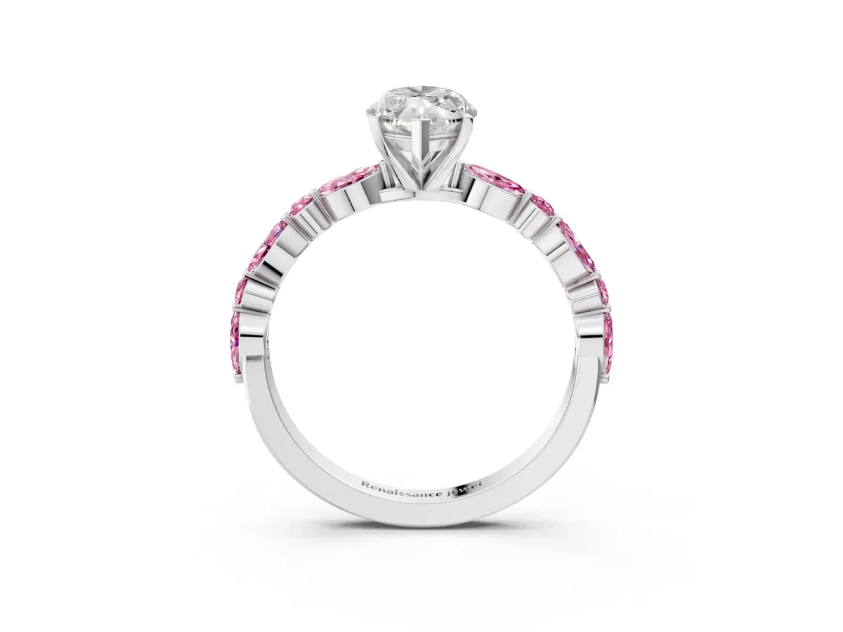 Marquise Cut Diamond Ring with Marquise and Round Pink Sapphire Side Stones and Four-Prong Setting Platinum