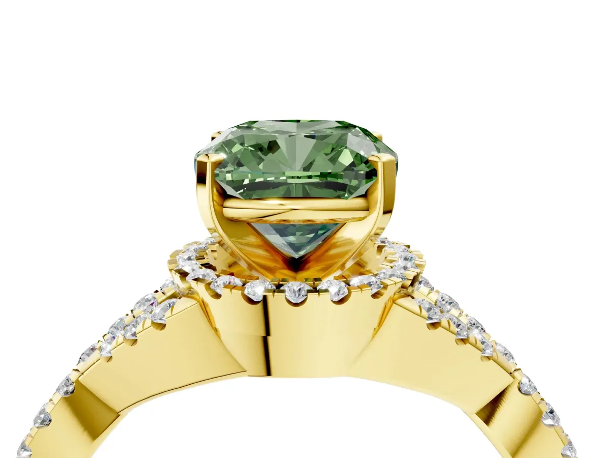 Fancy Green Cushion Cut Diamond Halo Twist Band Solitaire Prong Setting Ring Yellow gold