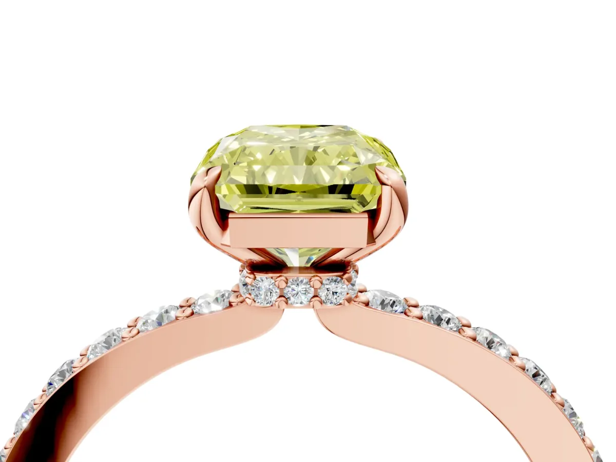 Fancy Yellow Radiant Cut Diamond Solitaire Engagement Ring with Pavé Band and Four-Prong Setting Rose gold