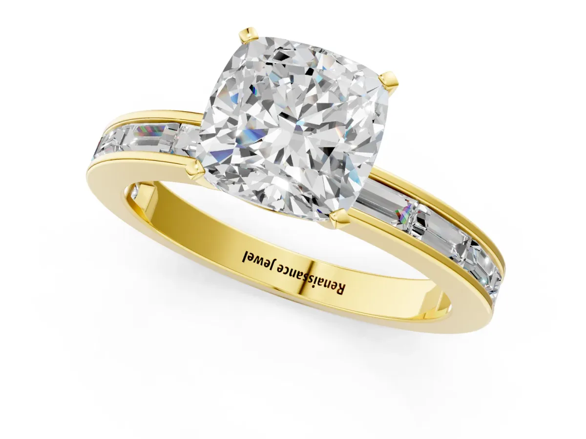 Cushion Cut Solitaire Diamond Ring with Channel-Set Baguette Band and Four-Prong Setting Yellow gold