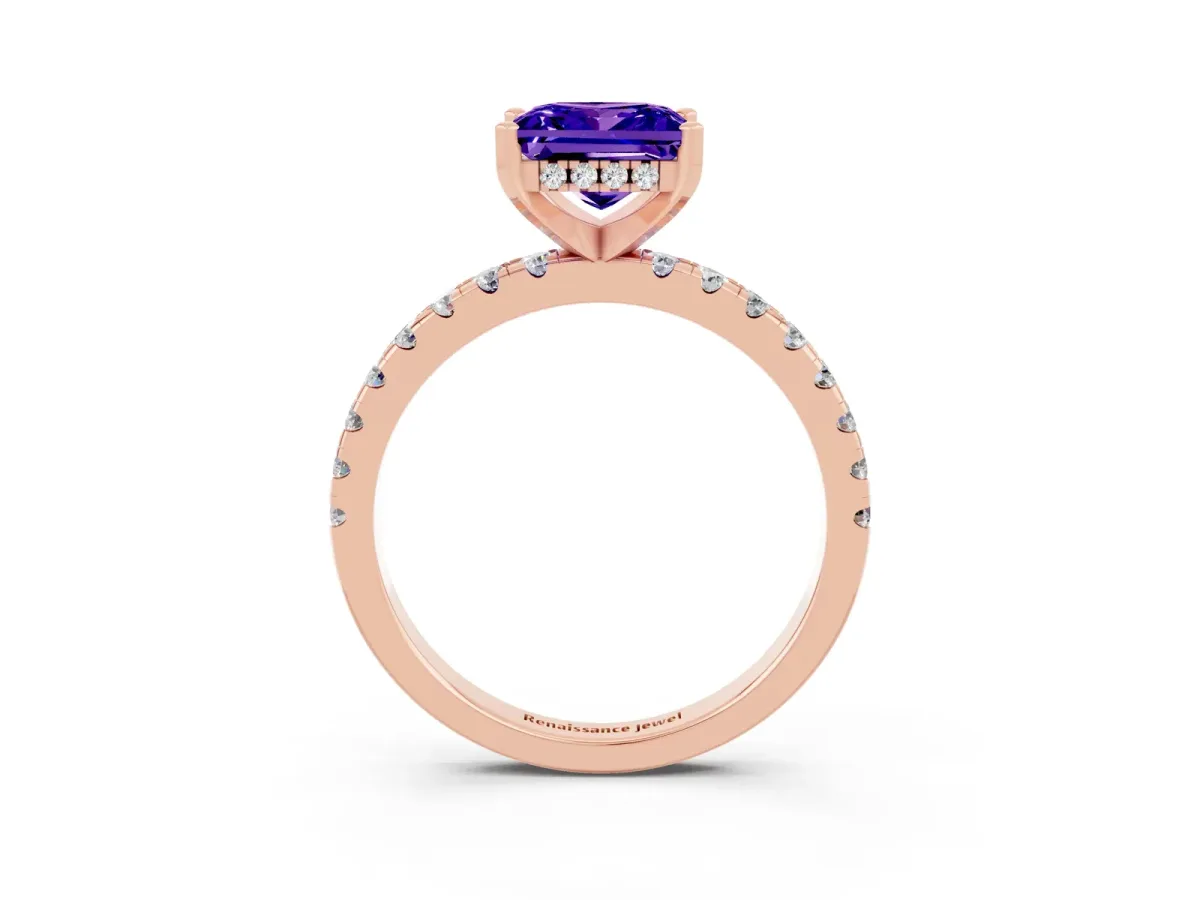 Princess Cut Tanzanite Solitaire Ring with Round Pavé Band and Four-Prong Setting Rose gold
