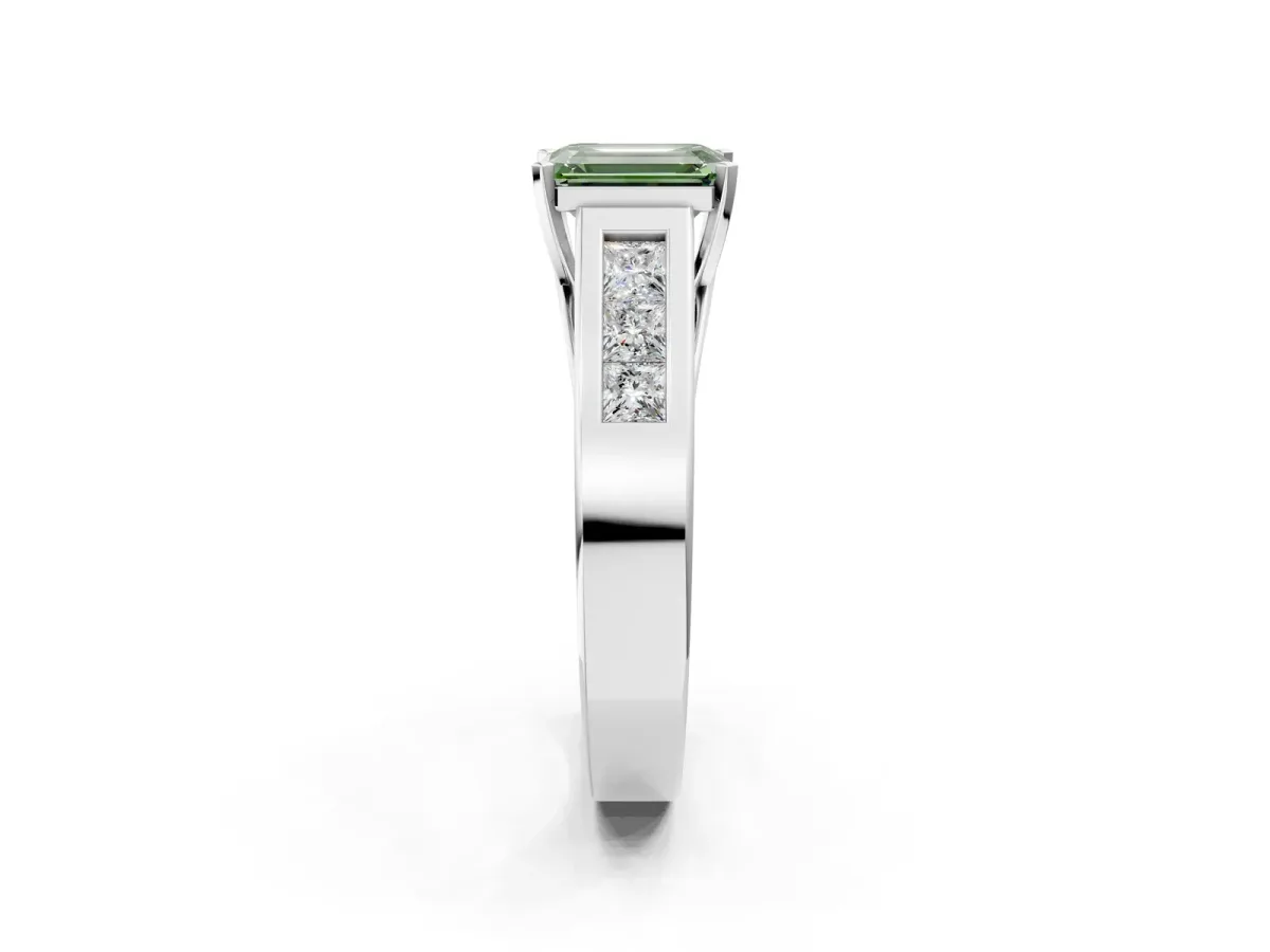 Fancy Green Emerald Cut Cut Channel Set Solitaire Ring with Four-Prong Setting Platinum