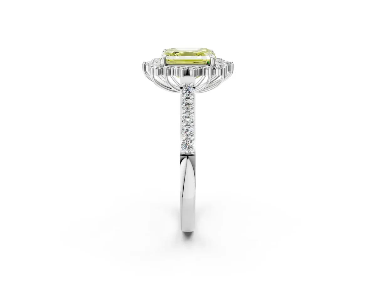 Fancy Yellow Asscher Cut Cut Diamond Sunburst Halo Engagement Ring with Pavé Band Platinum