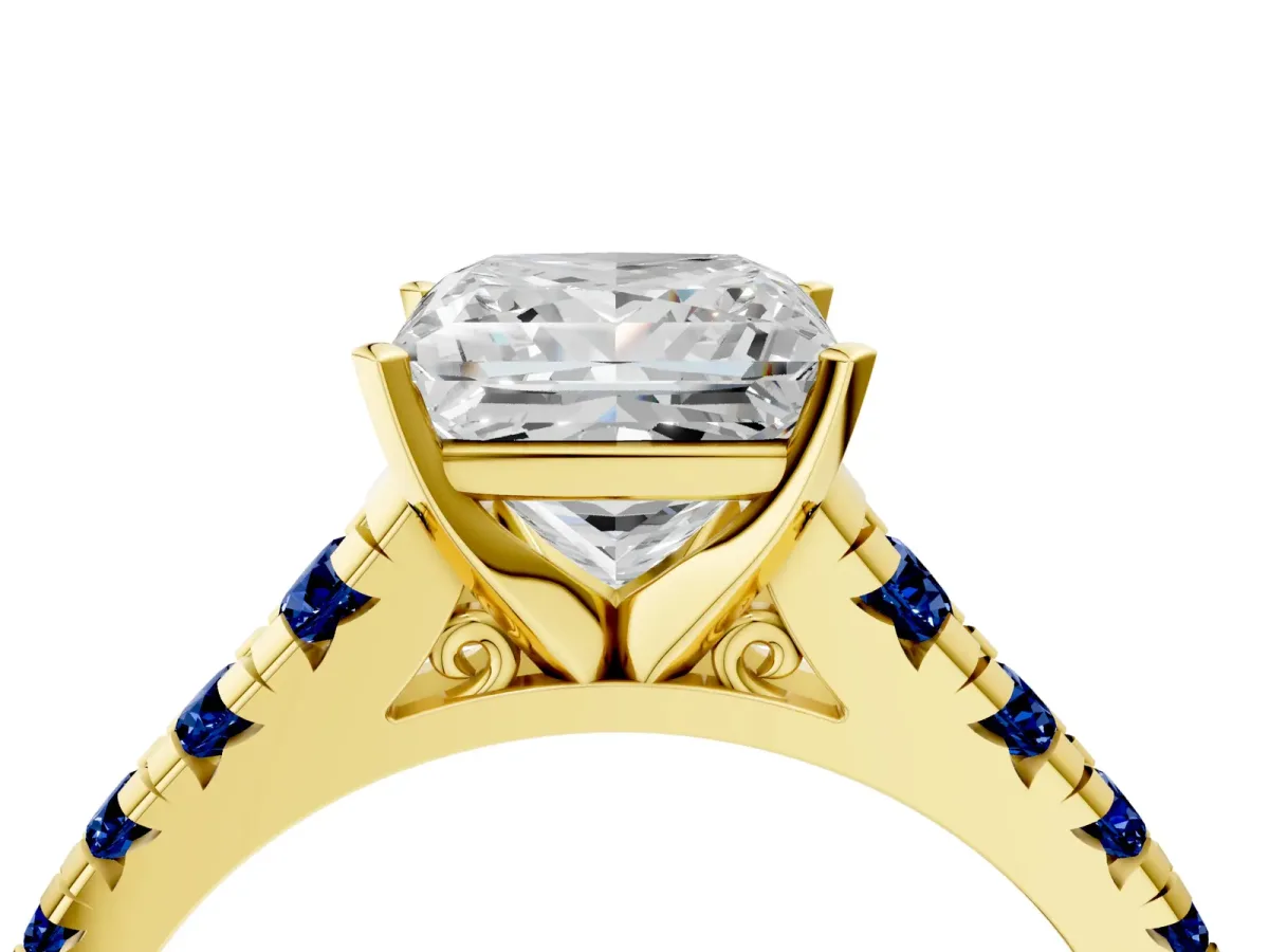 Princess Cut Diamond Cathedral Solitaire Ring with Round Blue Sapphire Pavé Band Yellow gold
