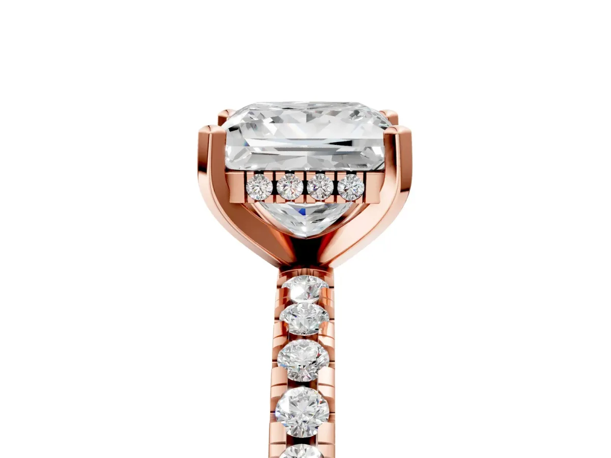Princess Cut Diamond Solitaire Ring with Round Moissanite Pavé Band and Four-Prong Setting Rose gold