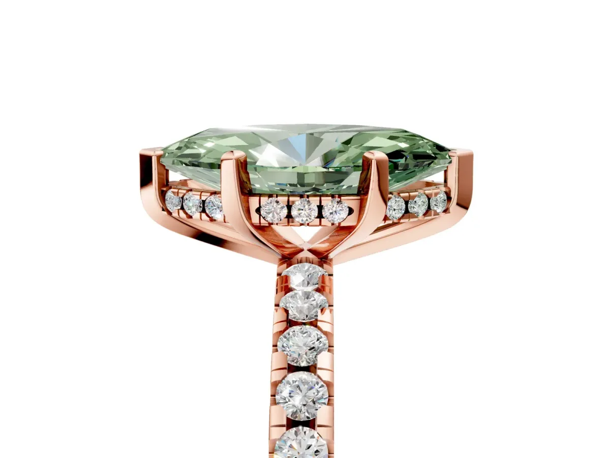 Fancy Green Marquise Cut Diamond Solitaire Ring with Round Pavé Band and Four-Prong Setting Rose gold