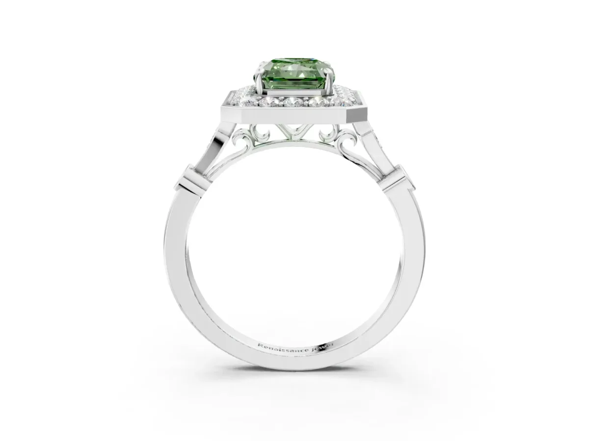 Fancy Green Radiant Cut Halo Diamond Engagement Ring with Twisted Band and Four-Prong Setting Platinum