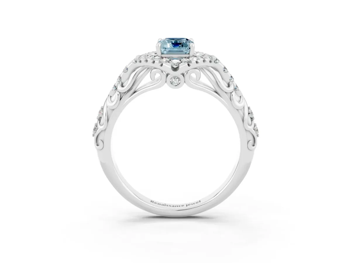 Emerald Cut Aquamarine Solitaire Ring with Hidden Halo and Pavé Band White gold