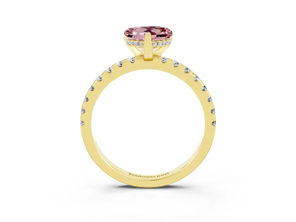 Heart Cut Morganite Solitaire Ring with Round Pavé Band and Four-Prong Setting Yellow gold
