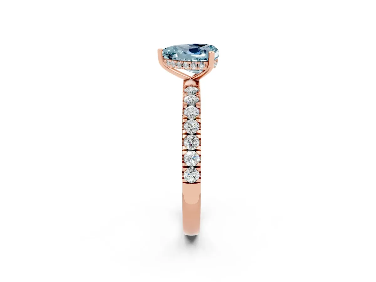 Heart Cut Aquamarine Pave Band Solitaire Ring with Round and Prong Setting Rose gold
