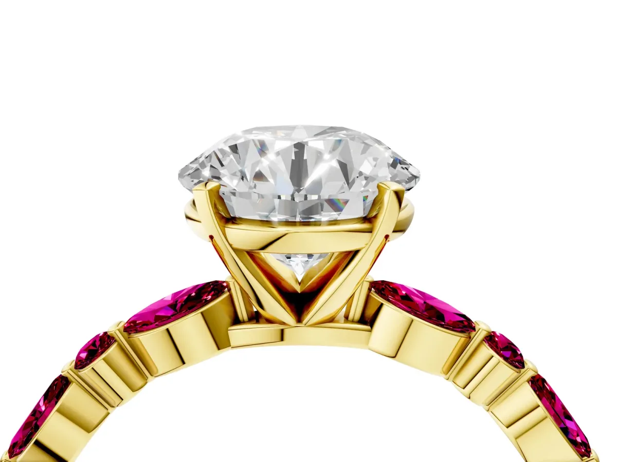 Round Cut Diamond Ring with Marquise and Round Garnet Side Stones and Four-Prong Setting Yellow gold