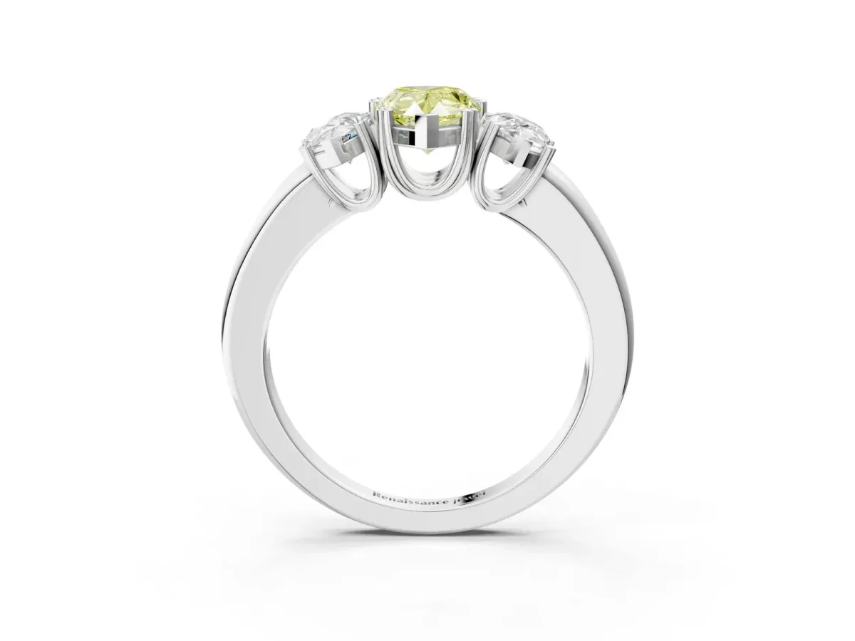 Fancy Yellow Three-Stone Pear Cut Cut Diamond Ring with Channel Set Band and Four-Prong Setting Silver