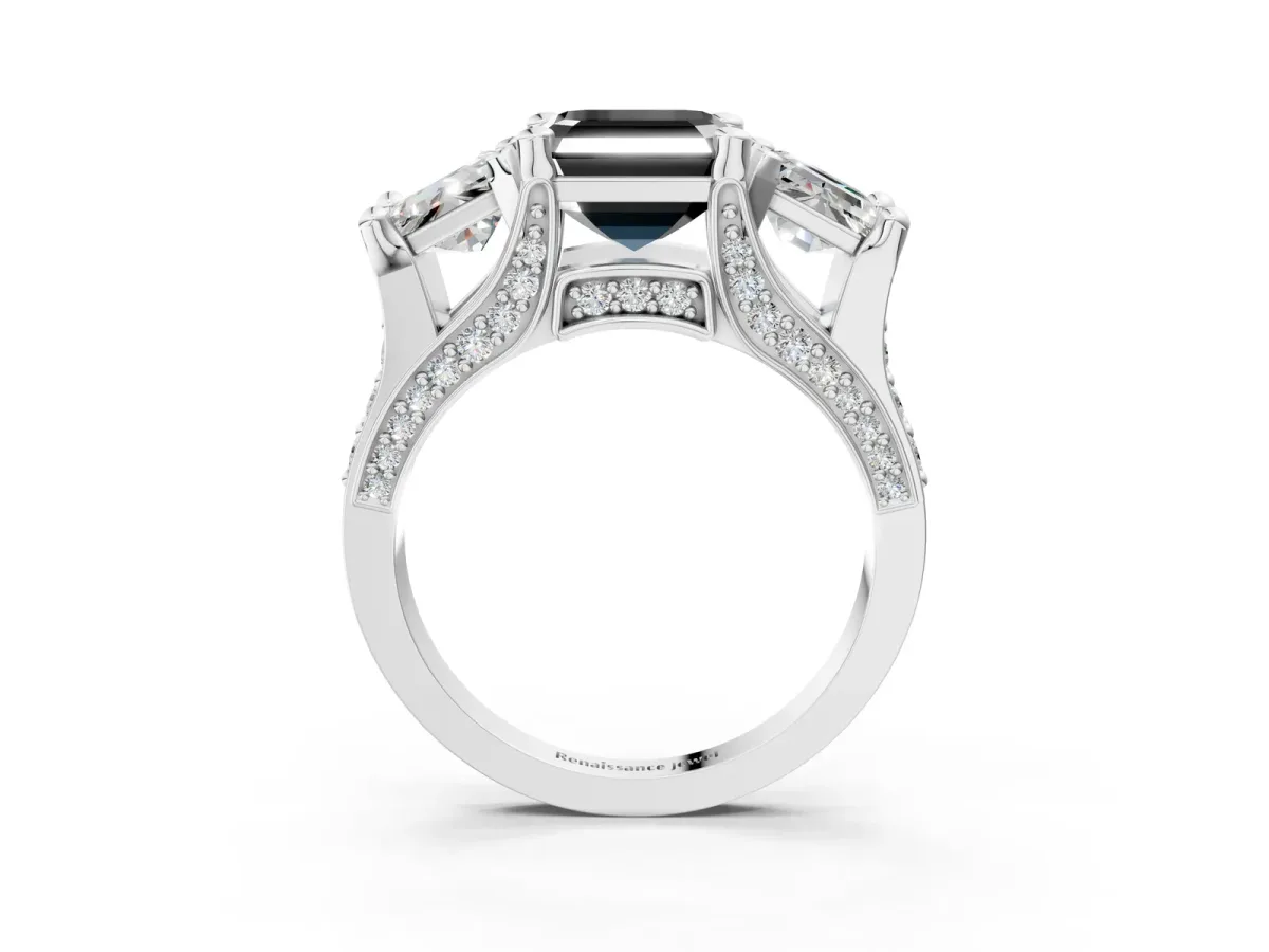 Fancy Black Asscher Cut Diamond Three-Stone Ring with Channel Set Band and Four-Prong Setting Platinum