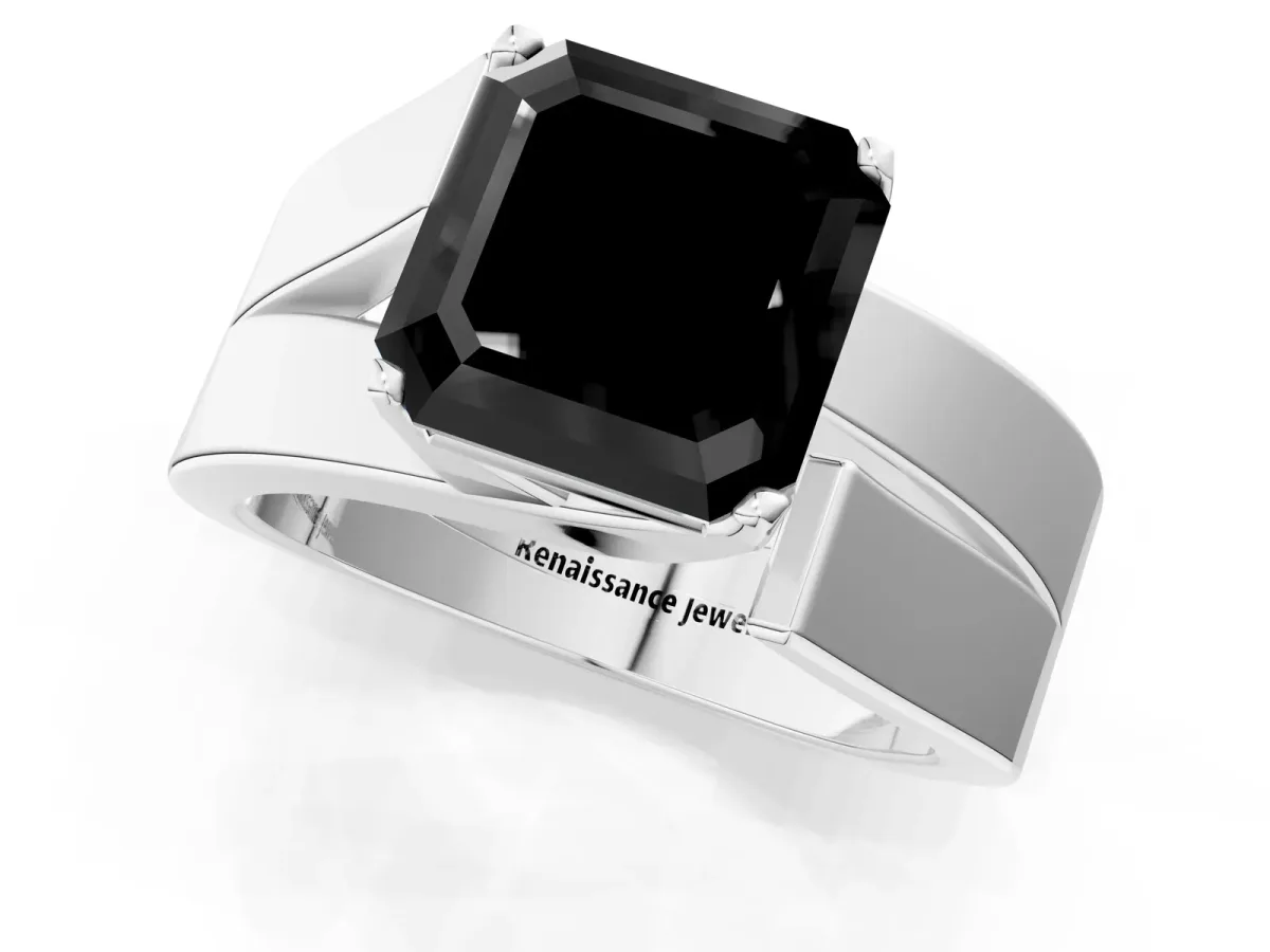 Fancy Black Modern Tension Set Asscher Cut Diamond Solitaire Wide Band Ring Silver
